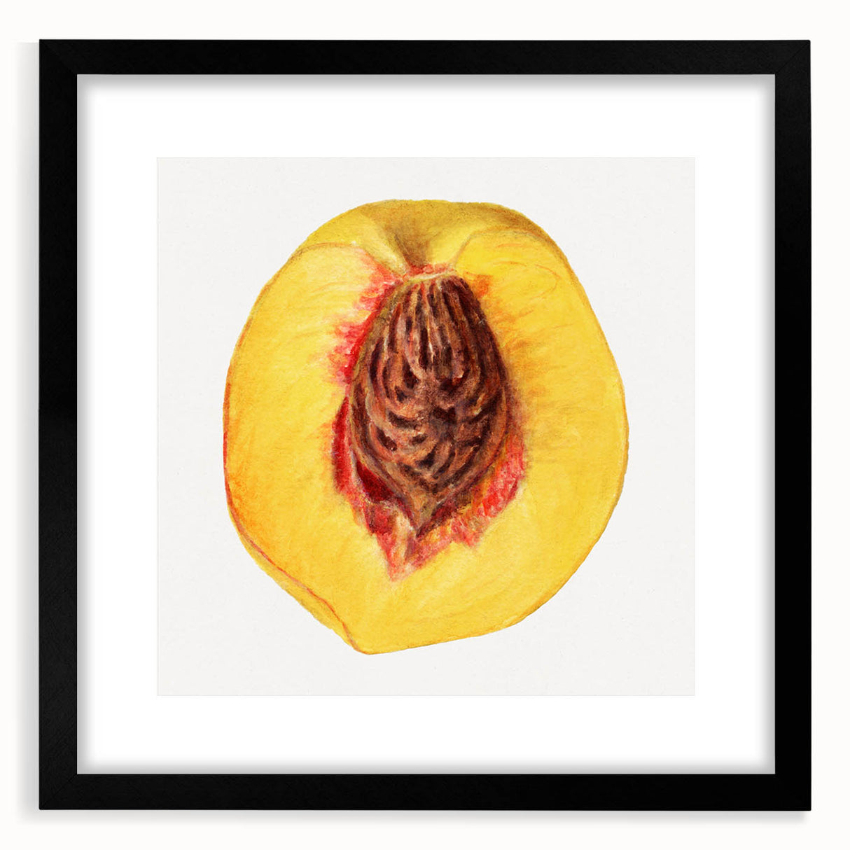 Extra large abstract art print featuring colorful, textured depiction of fruits on a black framed canvas.