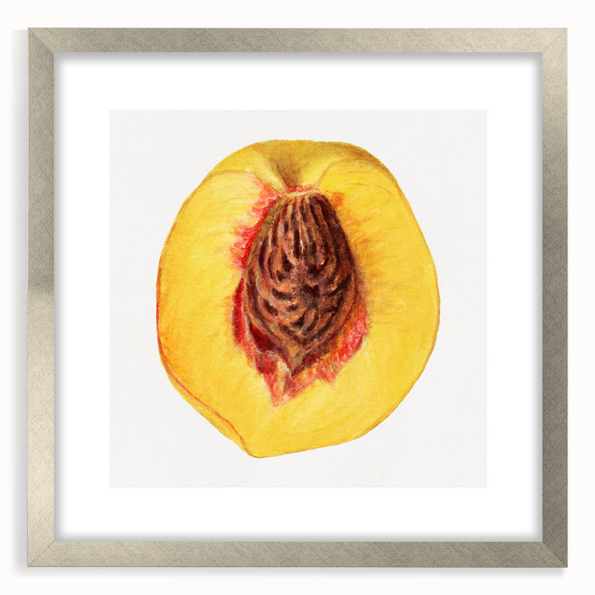 Textured art print of abstract fruit designs in muted earth tones, framed in silver, ideal for bedroom decor.