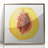 Large art print of assorted fruits in vibrant colors on a gold-framed acrylic, reflecting mid-century modernist style.