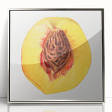 Mid-century modernist art featuring an array of fruits in vibrant colors on a silver-framed acrylic.