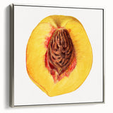Landscape art painting of colorful fruits on a black background, displayed in a silver-framed canvas.