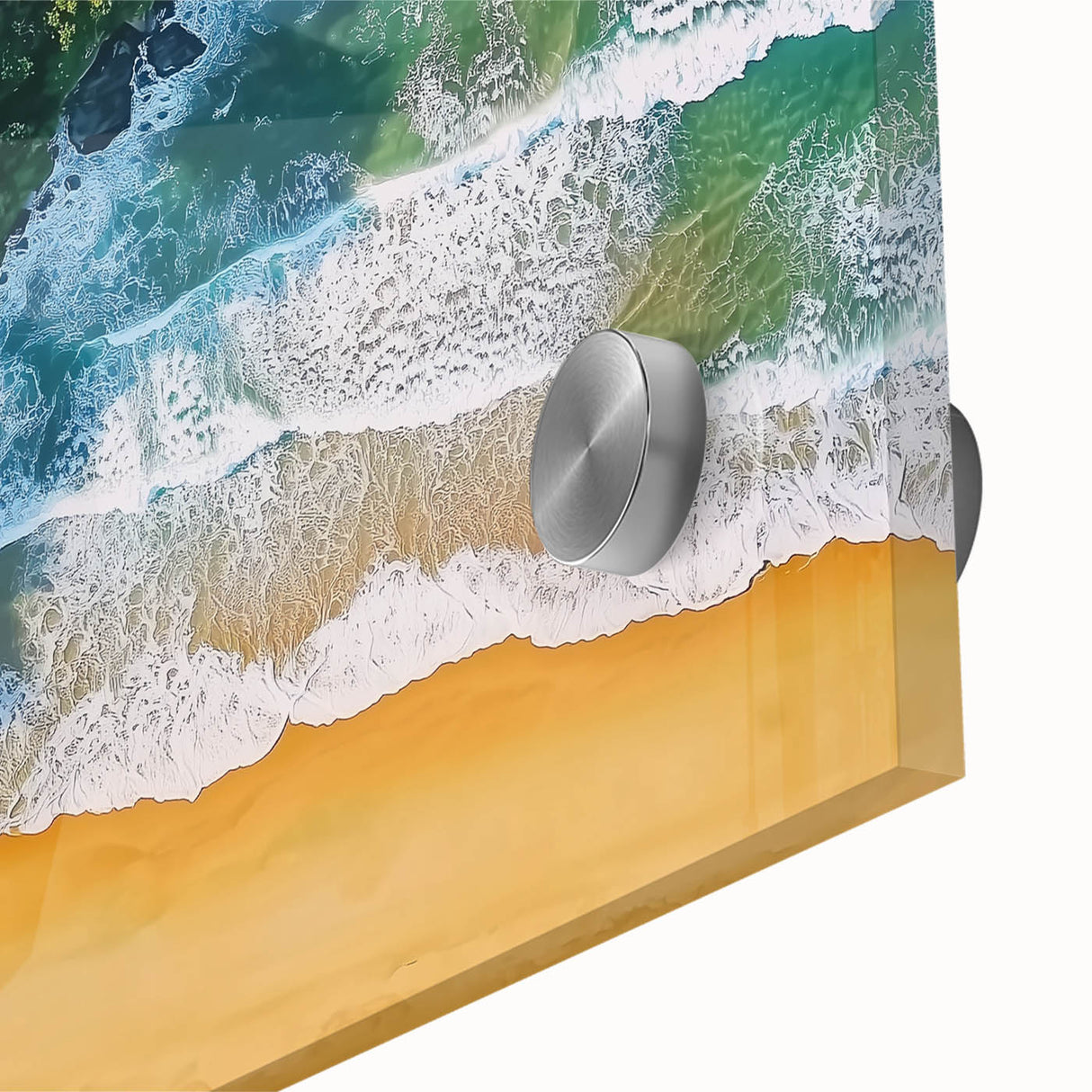 Close-up of a vibrant acrylic landscape painting depicting serene beaches with turquoise waters and gentle waves, showcasing intricate details and textures.