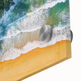 Close-up of a vibrant acrylic landscape painting depicting serene beaches with turquoise waters and gentle waves, showcasing intricate details and textures.