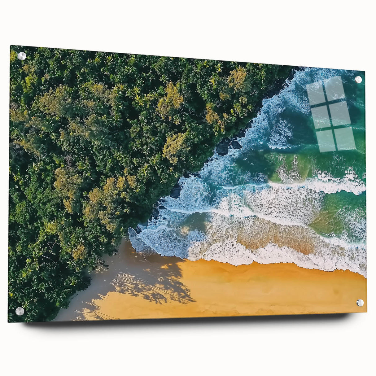 Acrylic glass artwork showcasing a serene beach landscape, side view with decorative pins, featuring vibrant colors and intricate details for a stunning visual impact.