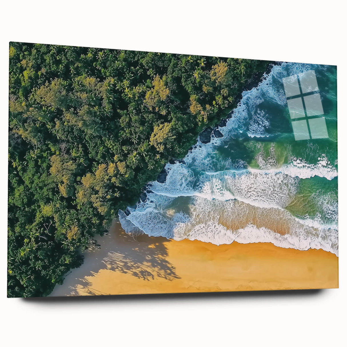 Acrylic glass artwork featuring a stunning landscape of serene beaches, showcasing vibrant colors and intricate details, designed for modern decor. Ideal for beach lovers seeking a stylish accent piece.