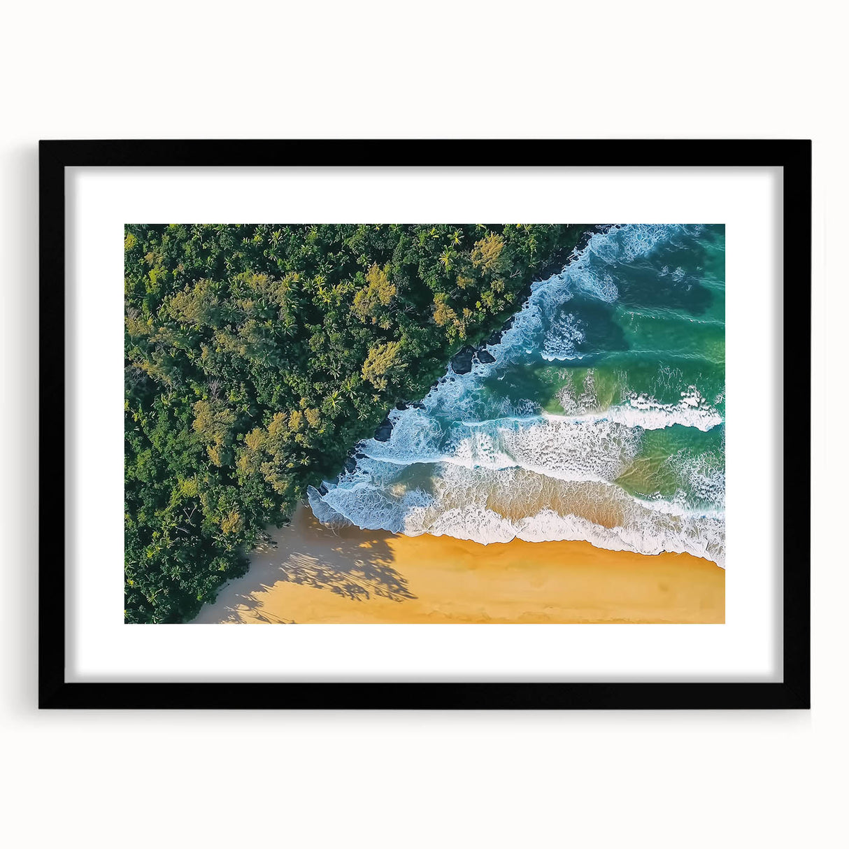 Black-framed landscape print showcasing serene beach scenery, featuring soft sand and gentle waves, ideal for enhancing home decor with coastal vibes.