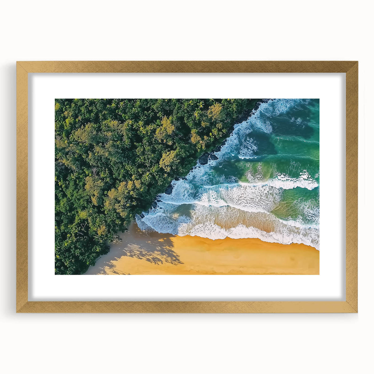 Framed landscape artwork depicting serene beaches with a gold matting, showcasing calming ocean hues and fine details, ideal for home decor.
