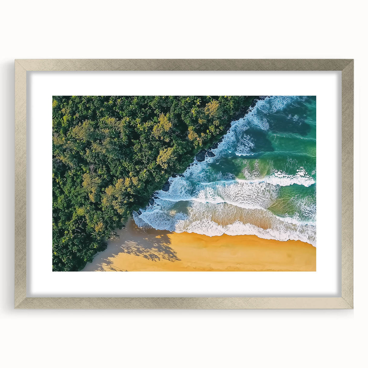 Silver-framed landscape art featuring serene beach scene with vibrant colors and a decorative mat, ideal for adding elegance to home decor. Perfect for beach lovers.