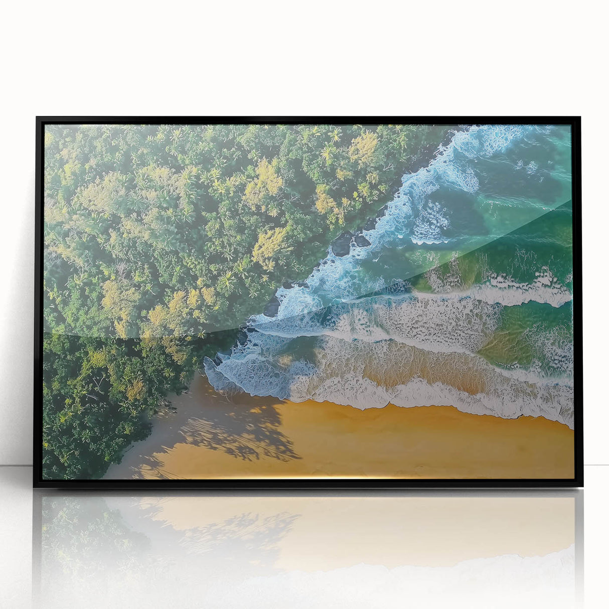 Framed acrylic artwork depicting a serene beach landscape with vibrant colors, set in a sleek black frame, ideal for enhancing coastal-themed home decor.
