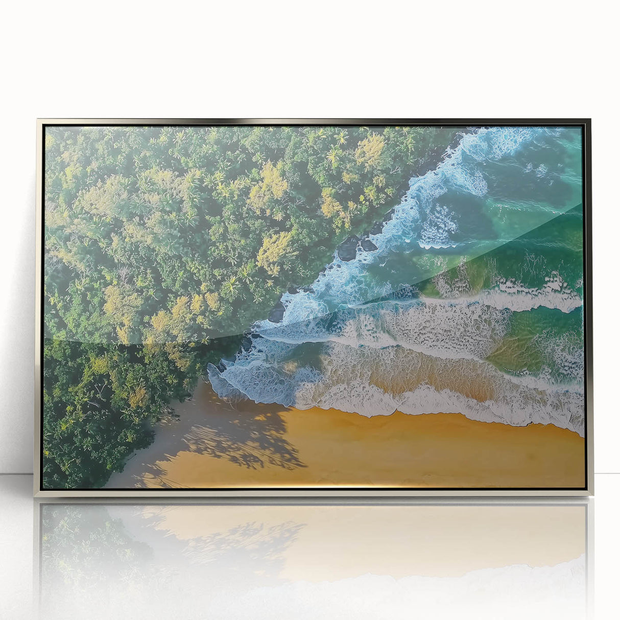 Framed acrylic artwork showcasing a serene beach landscape with vibrant colors, perfect for coastal-themed decor. Ideal for enhancing living spaces with a tranquil vibe.