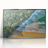 Framed acrylic artwork showcasing a serene beach landscape with vibrant colors, perfect for coastal-themed decor. Ideal for enhancing living spaces with a tranquil vibe.