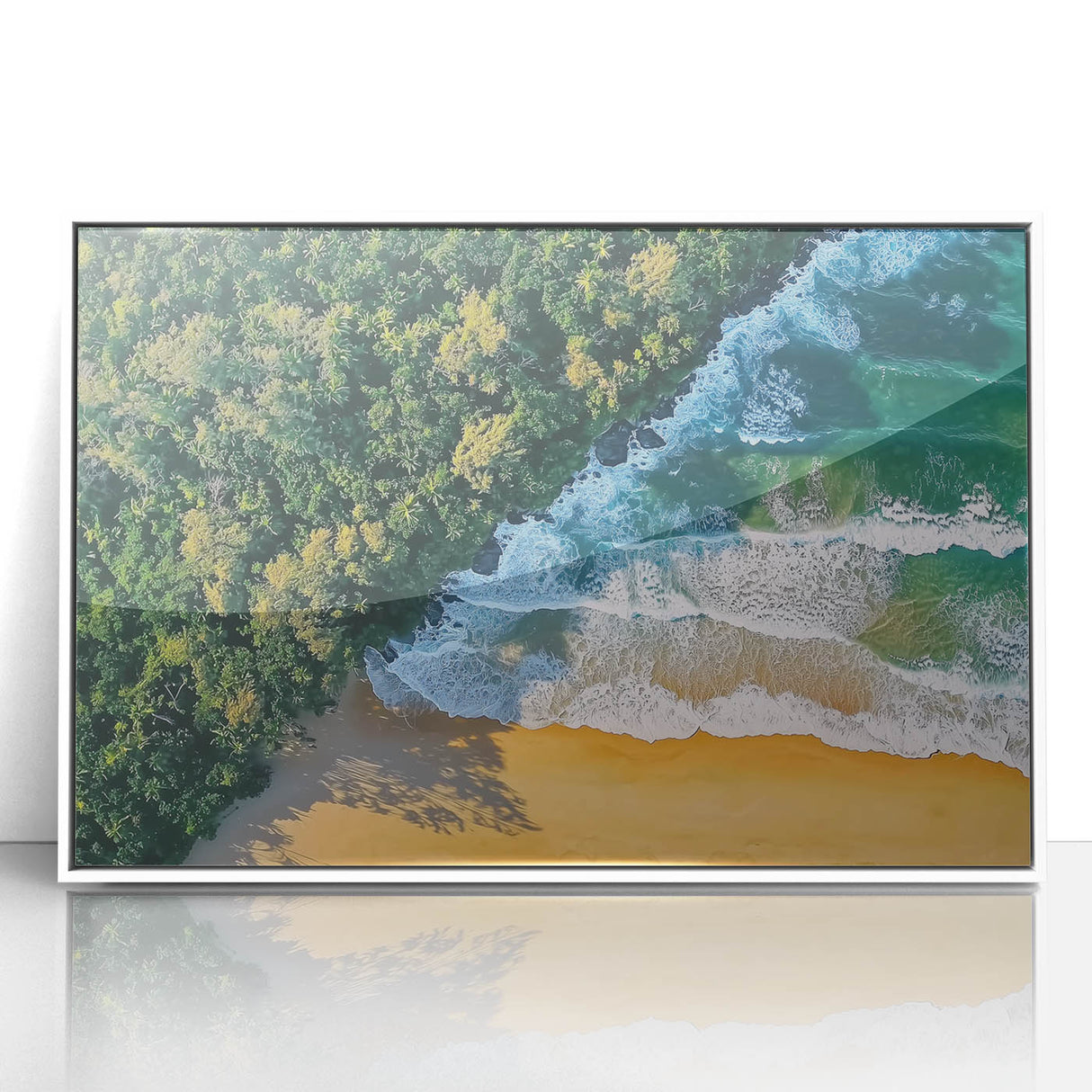 Framed acrylic artwork showcasing a serene beach landscape with vibrant blue skies, soft white sand, and gentle waves, perfect for coastal home decor.