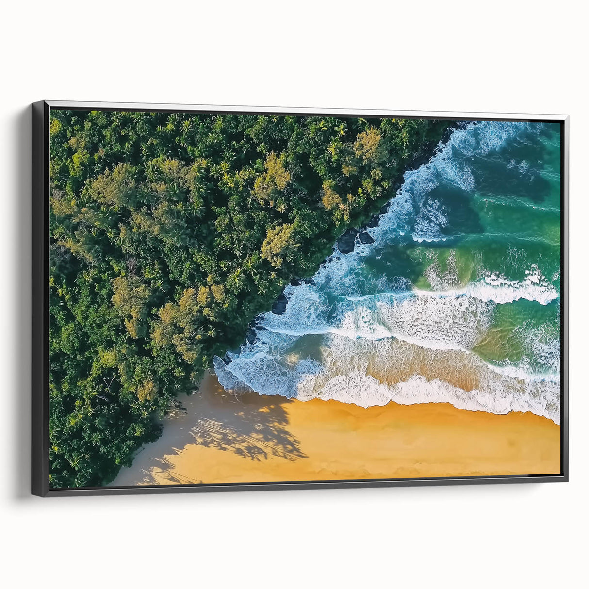 Framed canvas artwork depicting a serene beach landscape with vibrant colors, showcased from a side view against a black frame, ideal for home decor.