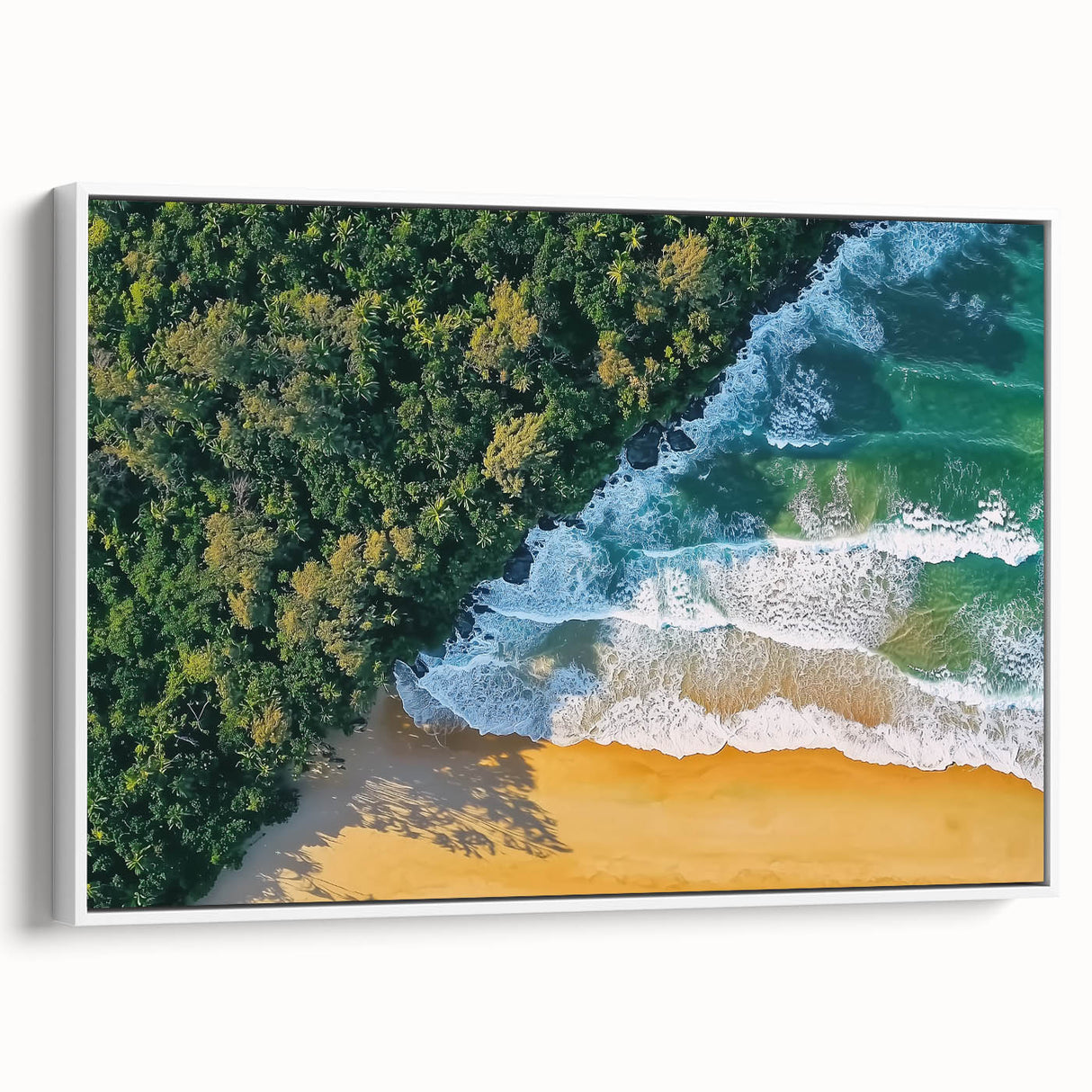 Framed landscape canvas artwork showcasing a serene beach scene with vibrant colors, mounted in a sleek white frame, ideal for coastal home decor.