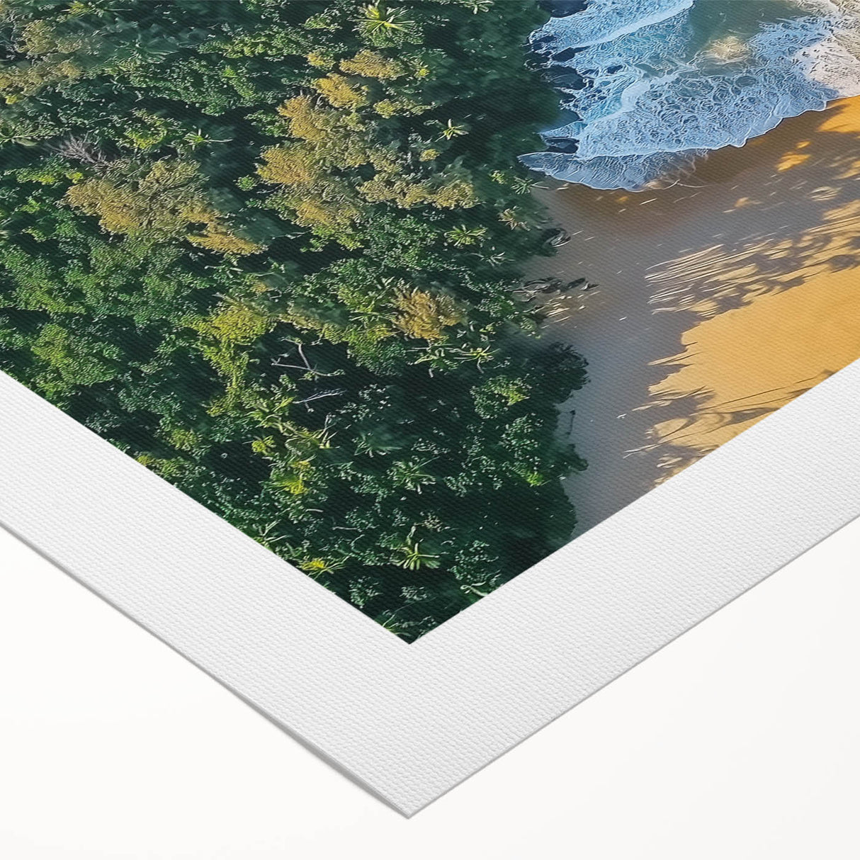 Rolled canvas print showcasing a serene beach landscape with vibrant colors and soft waves, elegantly packaged in a protective cardboard tube for easy shipping and display.