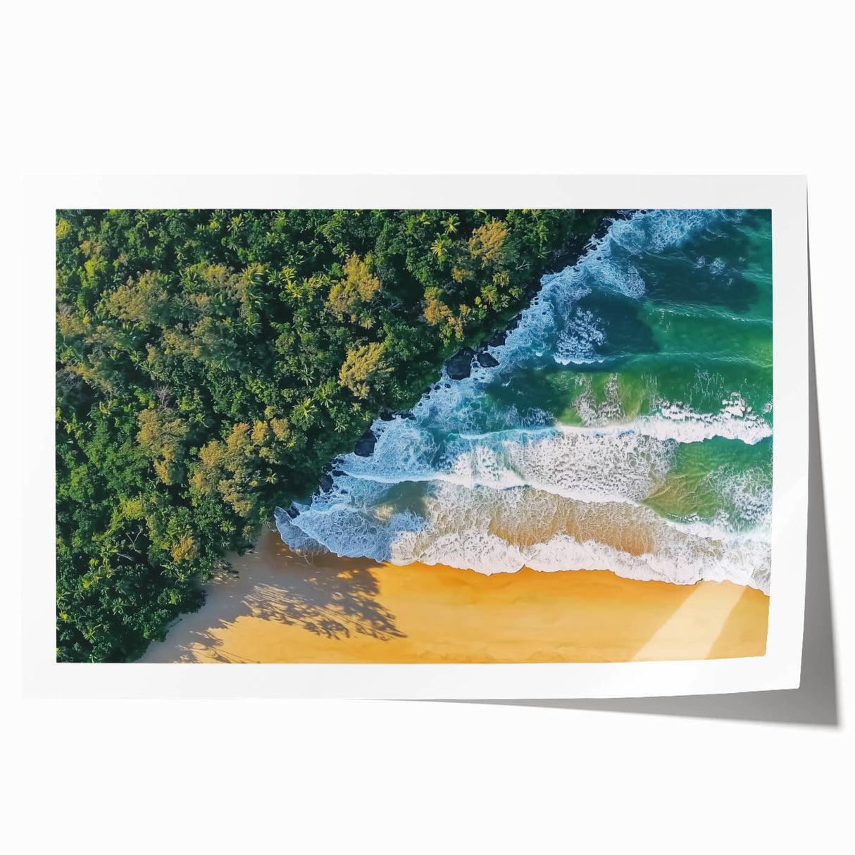 Vibrant rolled canvas print showcasing a serene beach landscape with turquoise waters and golden sand, designed for home decor enthusiasts seeking coastal aesthetics.
