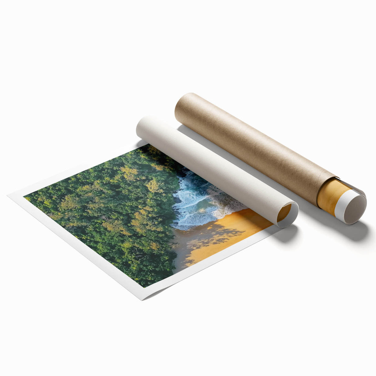 Landscape canvas print showcasing a serene beach scene with vibrant colors and soft waves, rolled for easy shipping in a protective cardboard tube.