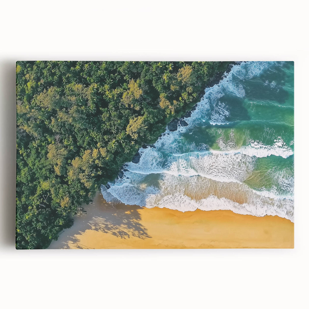 Stretched canvas artwork depicting a serene beach landscape with vibrant colors, showcasing gentle waves and a clear blue sky, perfect for enhancing coastal-themed decor.