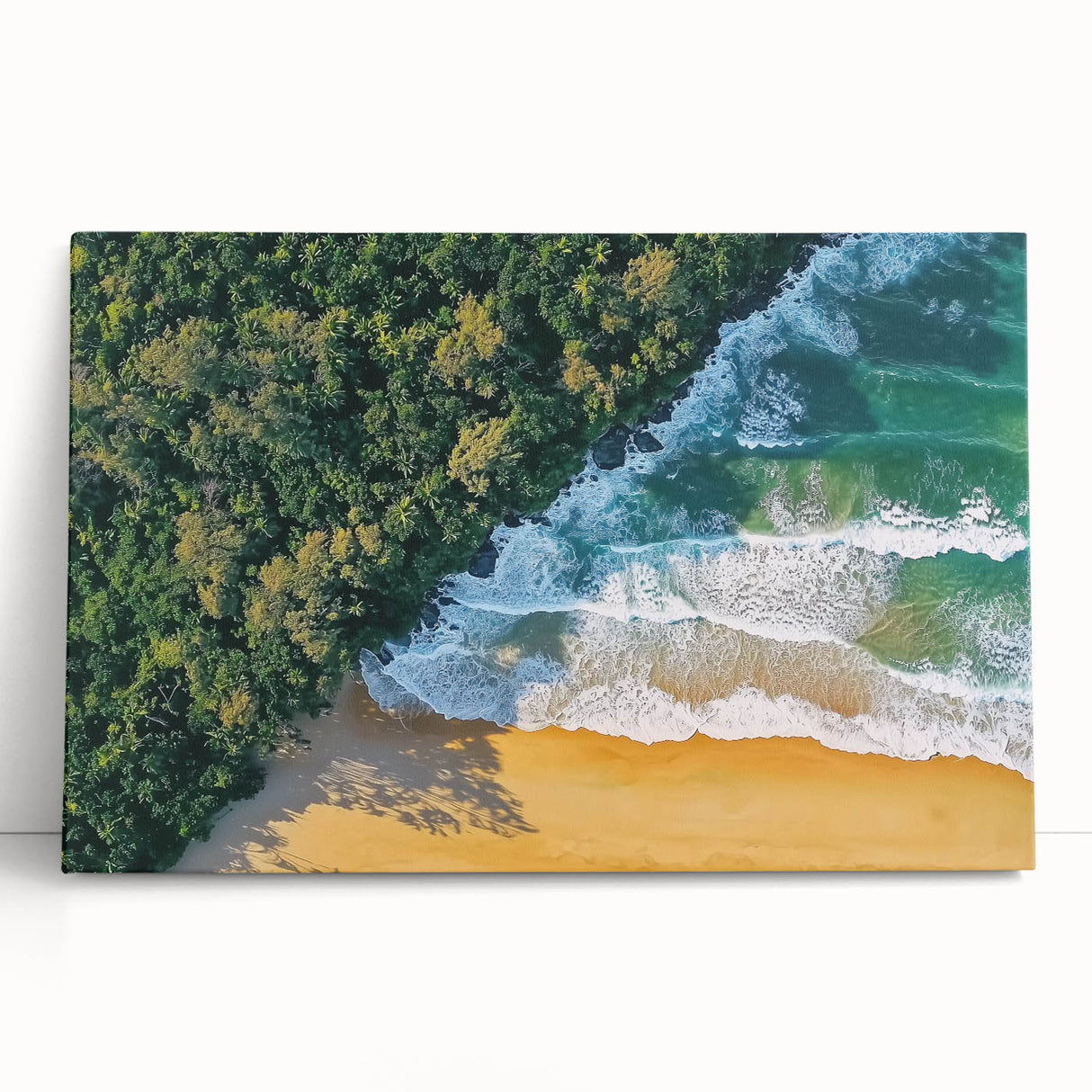 Landscape canvas print showcasing a serene beach scene with vibrant blue skies and gentle waves, ideal for coastal home decor. Perfect for adding a calming touch to any room.