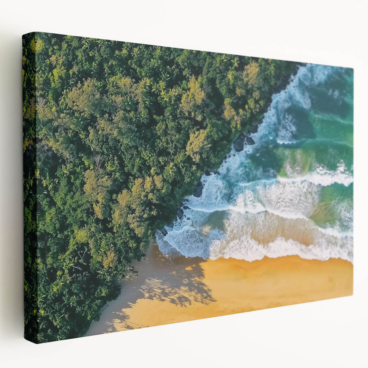 Stretched canvas art depicting a vibrant beach landscape scene, showcasing golden sands, turquoise waters, and a clear blue sky, ideal for coastal-themed decor.