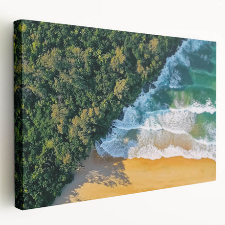 Stretched canvas art depicting a vibrant beach landscape scene, showcasing golden sands, turquoise waters, and a clear blue sky, ideal for coastal-themed decor.