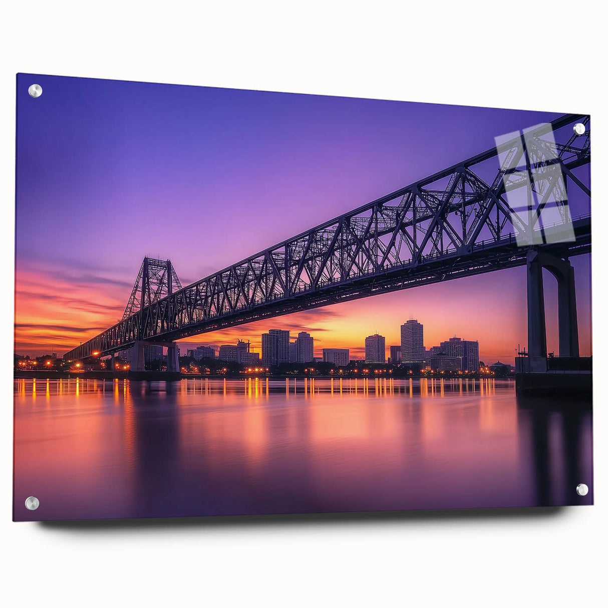 Acrylic landscape bridge model showcasing a side view design with visible pins, featuring a modern aesthetic with sleek lines and a vibrant color palette, ideal for architectural displays or home decor.