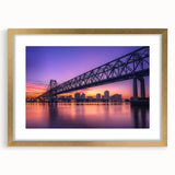 Elegant landscape bridge frame with a gold mat, showcasing intricate detailing and a sleek front view, perfect for enhancing home decor and artistic displays.