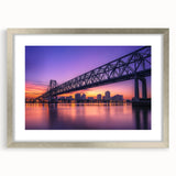 Landscape bridge frame in silver finish, showcasing a modern design with a mat. Ideal for displaying art or photographs, enhancing home décor with elegance.