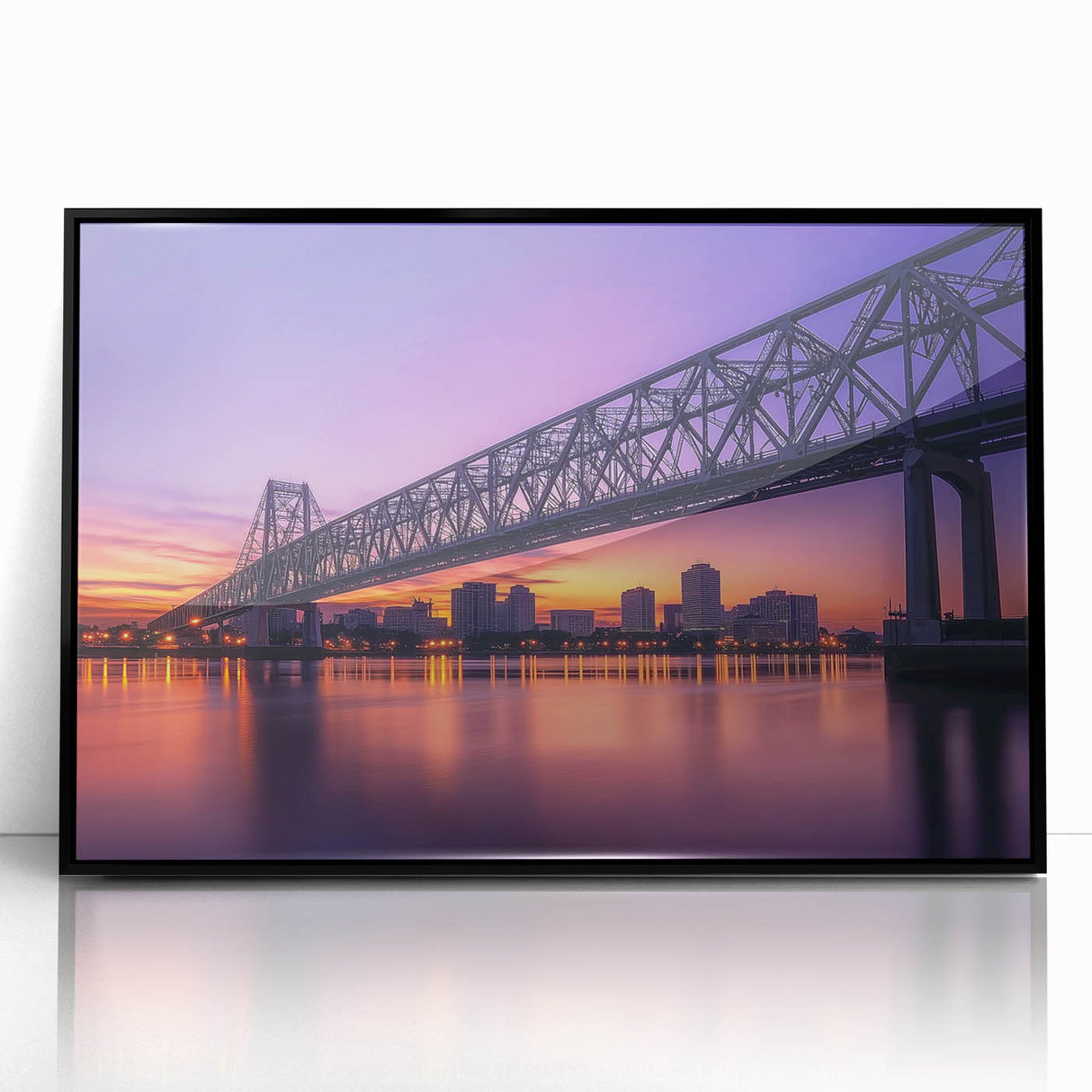 Framed acrylic art piece showcasing a landscape bridge in a serene natural setting, featuring vibrant colors and intricate details, perfect for modern home decor.
