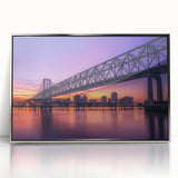 Landscape bridge artwork in a sleek silver frame, showcasing intricate details and vibrant colors, ideal for modern home decor and art enthusiasts.