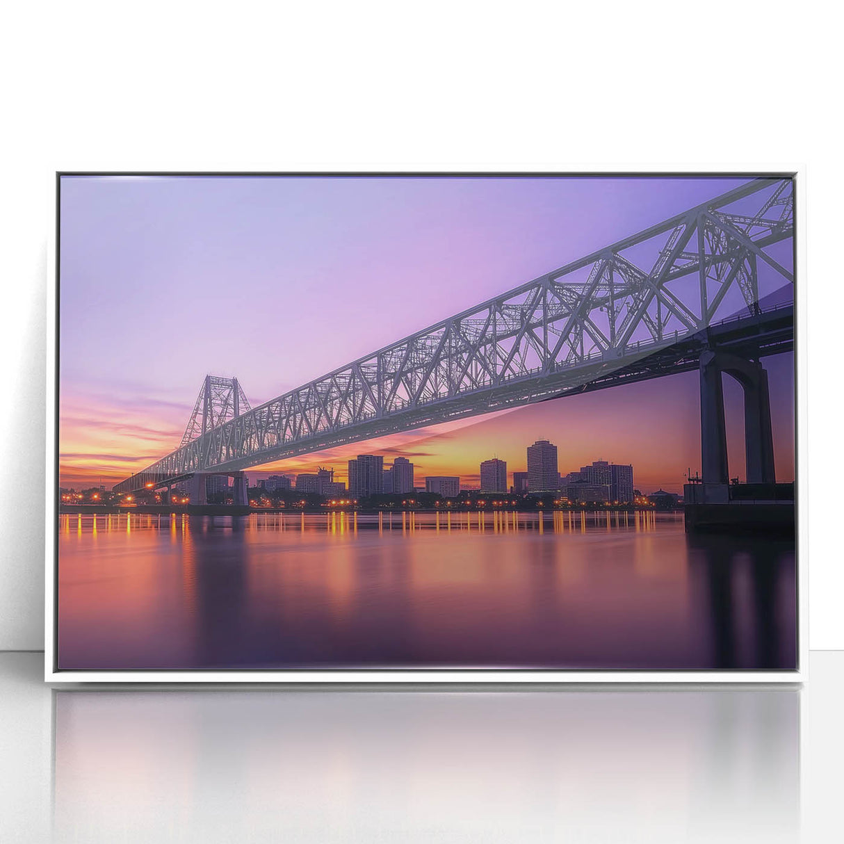 Framed acrylic landscape artwork depicting a serene bridge scene, showcasing vibrant colors and intricate details, perfect for home decor with a modern aesthetic.