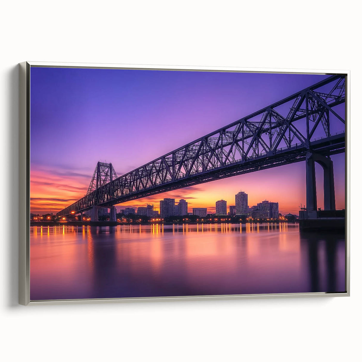 Framed canvas artwork depicting a serene landscape bridge scene, featuring a silver frame and vibrant colors. Ideal for home decor to enhance interiors.
