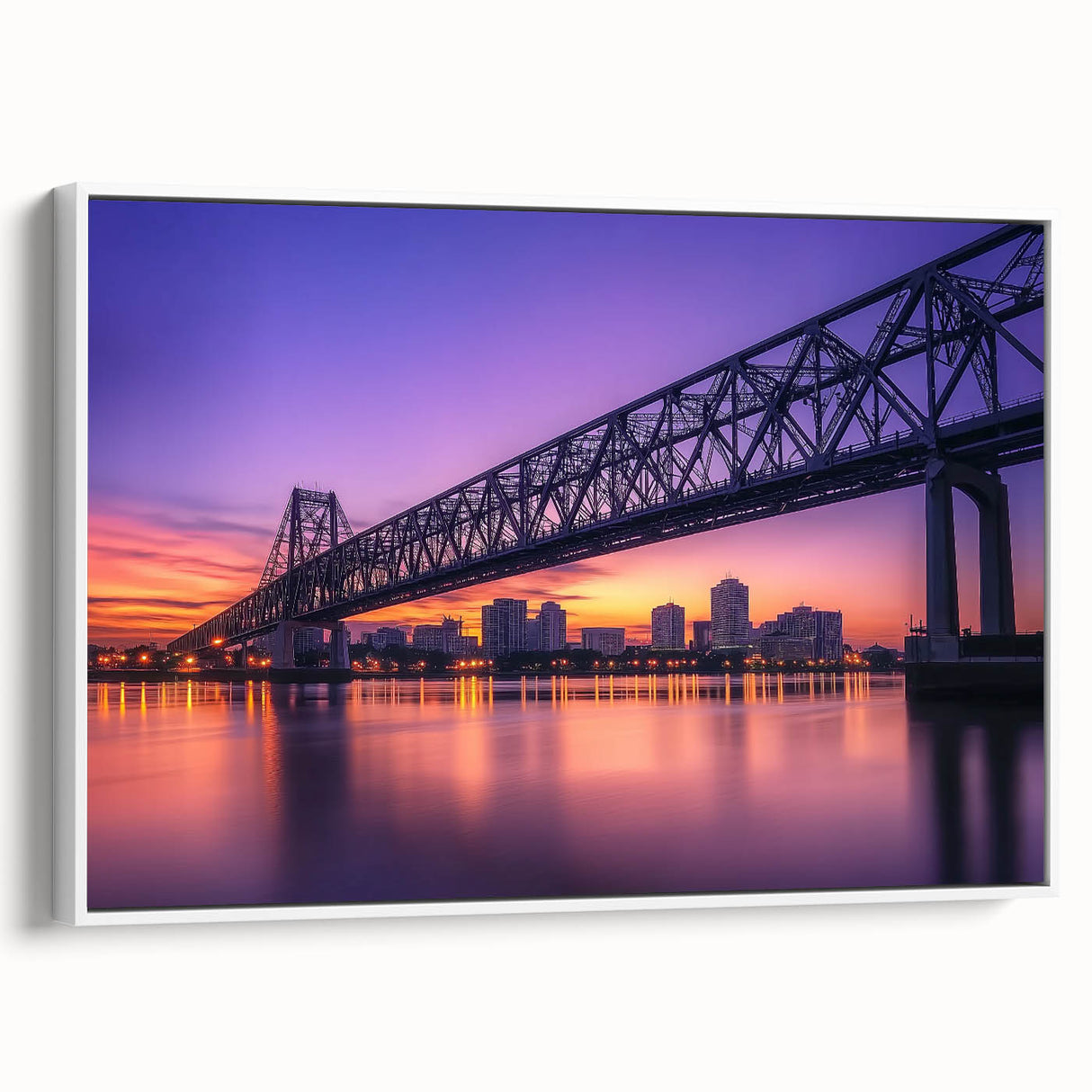 Framed canvas artwork depicting a serene landscape bridge scene with lush greenery and a tranquil river, showcased in a modern white frame, perfect for home decor.