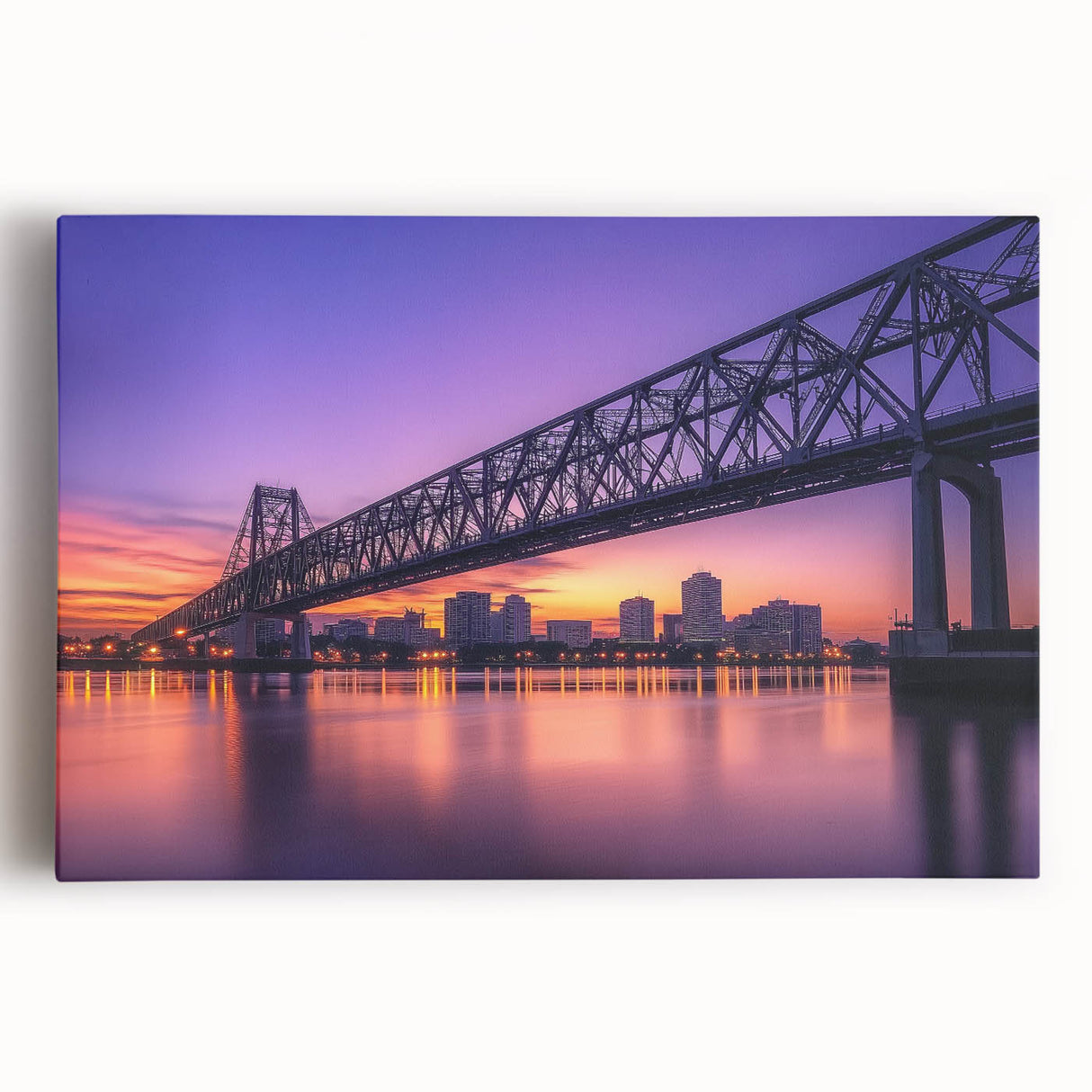 Landscape bridge artwork on stretched canvas, showcasing a serene river scene under a vibrant sunset. Perfect for enhancing home decor with nature-inspired themes.