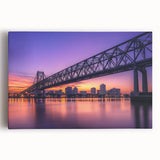 Landscape bridge artwork on stretched canvas, showcasing a serene river scene under a vibrant sunset. Perfect for enhancing home decor with nature-inspired themes.