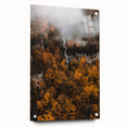 Large abstract wall art depicting fall season in muted orange and brown tones, acrylic glass, ideal for dining room decor.