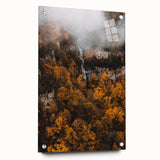 Large abstract wall art depicting fall season in muted orange and brown tones, acrylic glass, ideal for dining room decor.