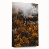 Large abstract wall art in warm autumn hues on acrylic glass, suitable for bedroom or dining room decor.