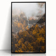 Large abstract wall art depicting autumnal trees in vibrant orange and red, framed in black acrylic.