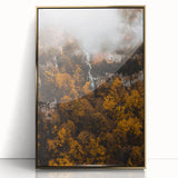 Large art print of a mid-century modernist autumn scene in warm gold tones, framed acrylic, ideal for nursery wall decor.