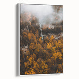 Vintage poster art of autumn trees with vibrant red and orange leaves on large framed canvas, ideal for living room decor.