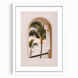 Abstract art print featuring swirling blue and green patterns on a white framed canvas, ideal for dining room decor.