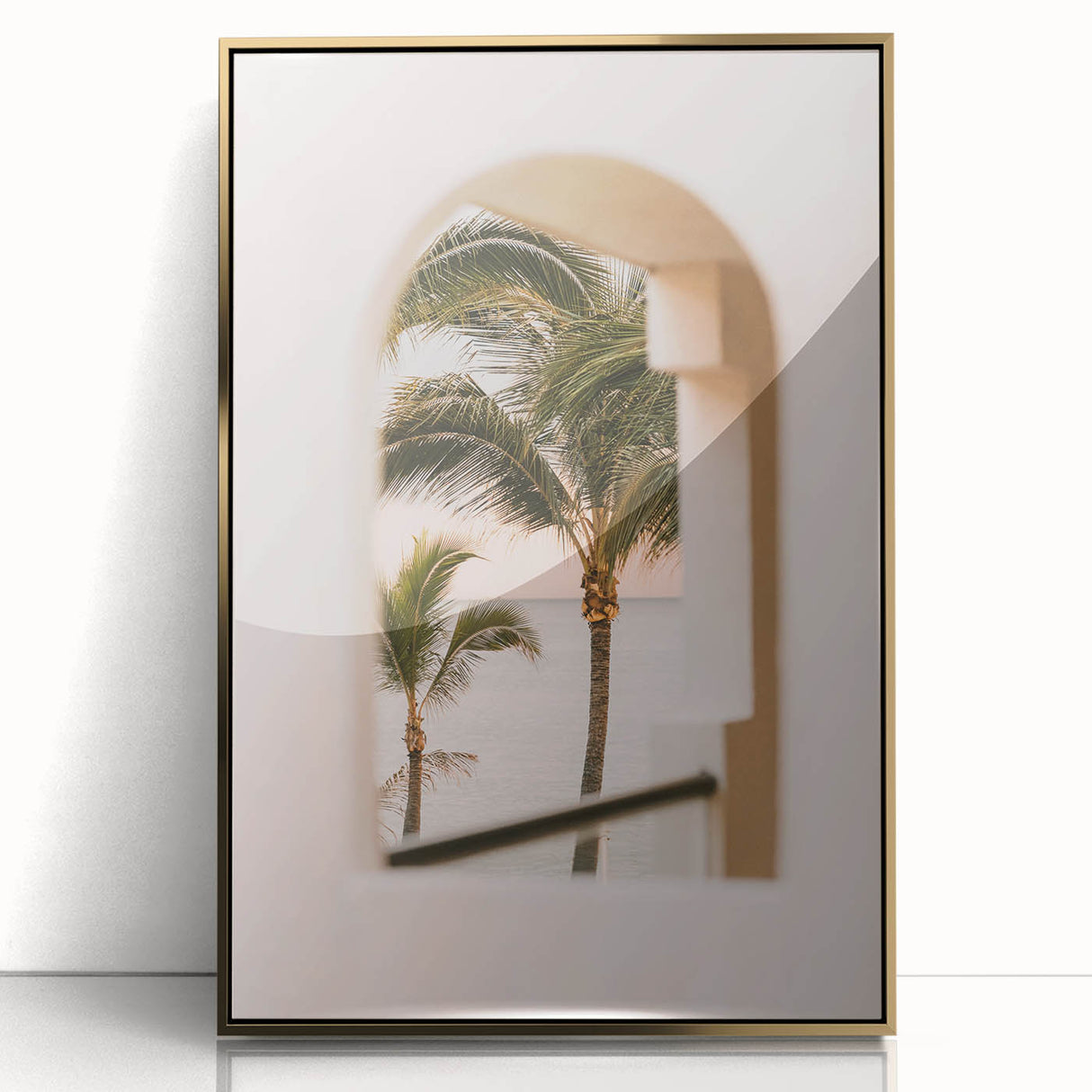 Large art print of a mid-century modernist summer scene in pastel colors on a gold-framed acrylic.