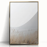 Large art print of a mid-century modernist summer scene in muted gold and blue tones on acrylic.