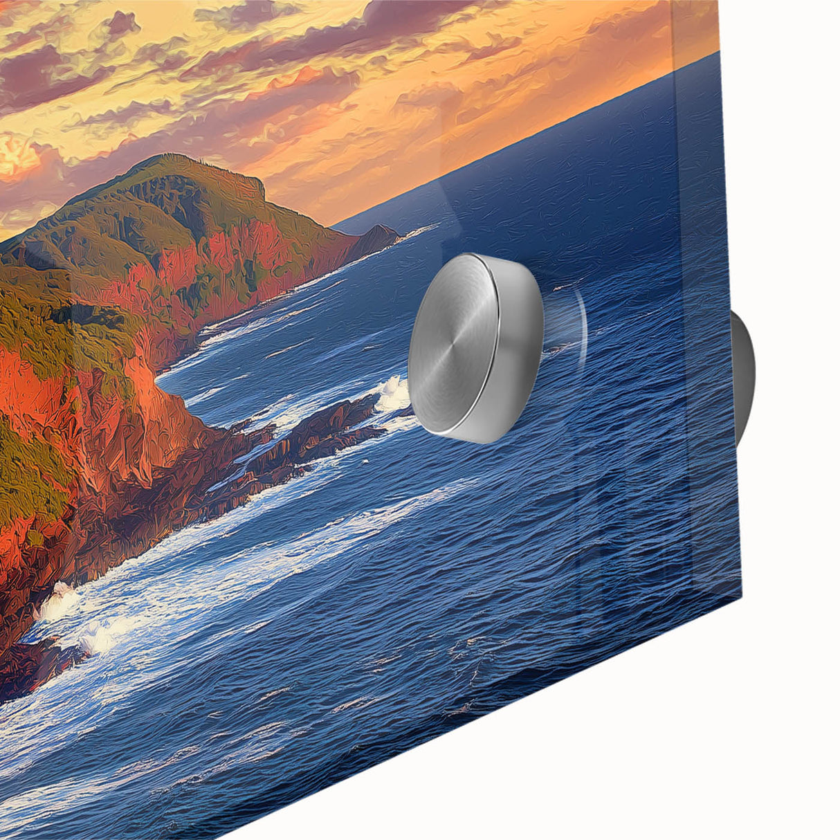 Close-up of a vibrant acrylic glass artwork depicting dramatic cliffs and lush landscapes, showcasing intricate textures and vivid colors, ideal for modern decor.