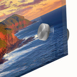 Close-up of a vibrant acrylic glass artwork depicting dramatic cliffs and lush landscapes, showcasing intricate textures and vivid colors, ideal for modern decor.