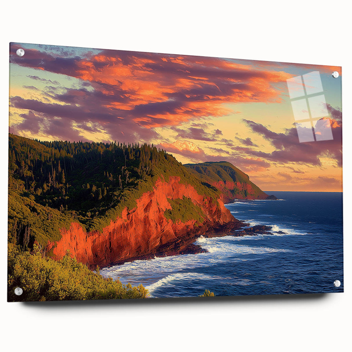 Acrylic glass artwork showcasing a breathtaking landscape of cliffs, viewed from the side, secured with pins for stability. Ideal for modern home decor.