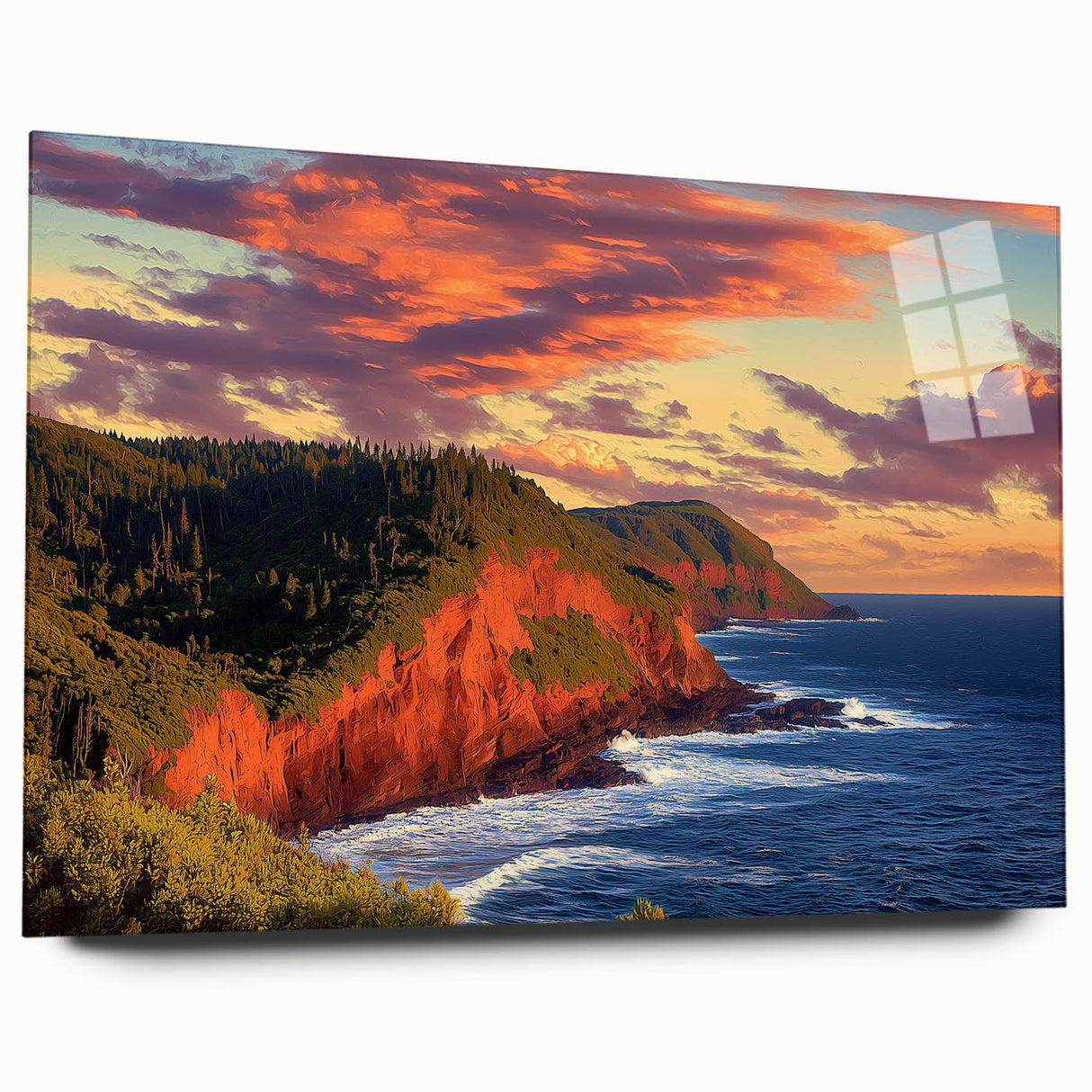 Acrylic landscape artwork depicting dramatic cliffs in vibrant colors, displayed in a sleek glass frame, perfect for modern home decor.