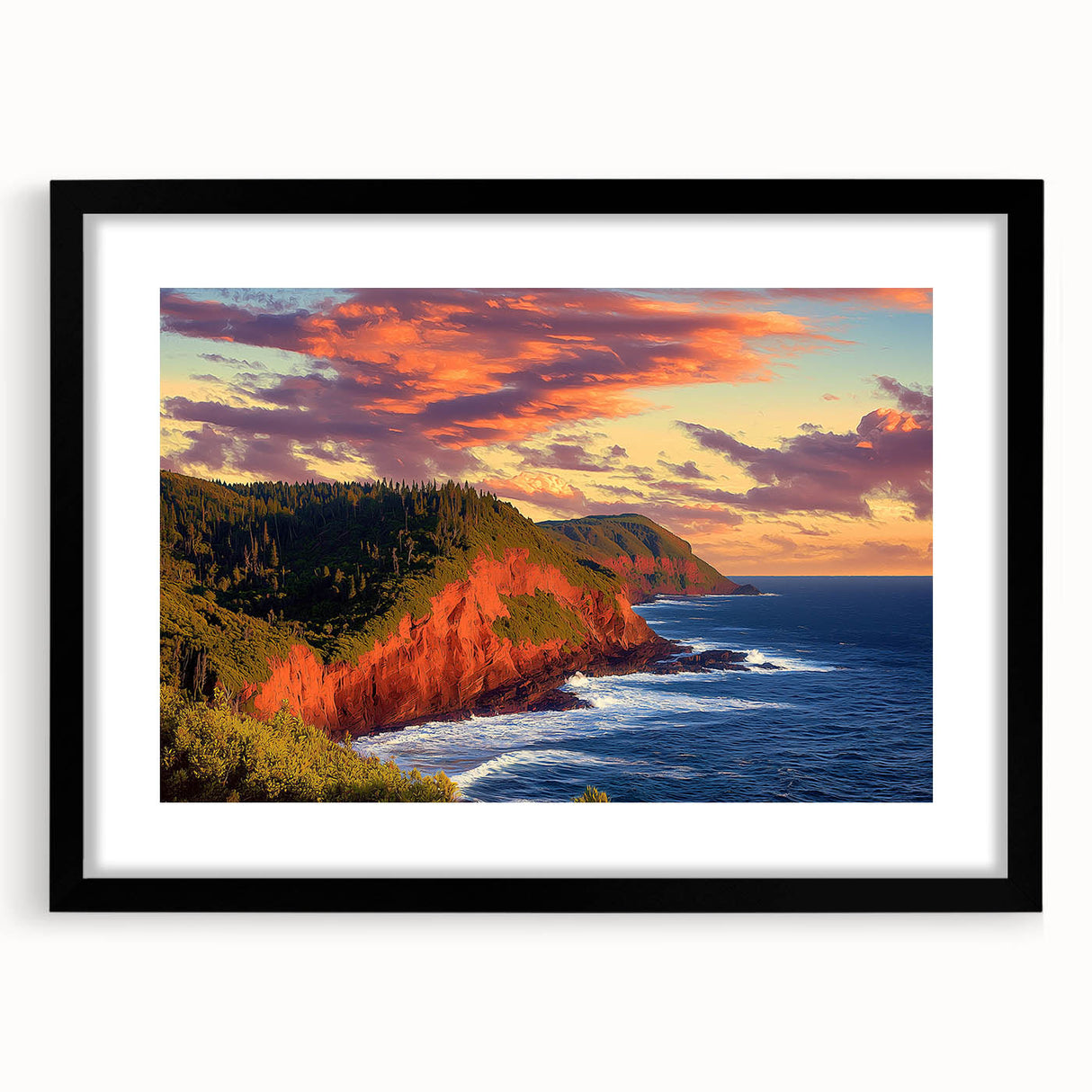 Framed landscape artwork displaying majestic cliffs in a black mat, perfect for home decor. Ideal for nature lovers seeking an elegant touch.