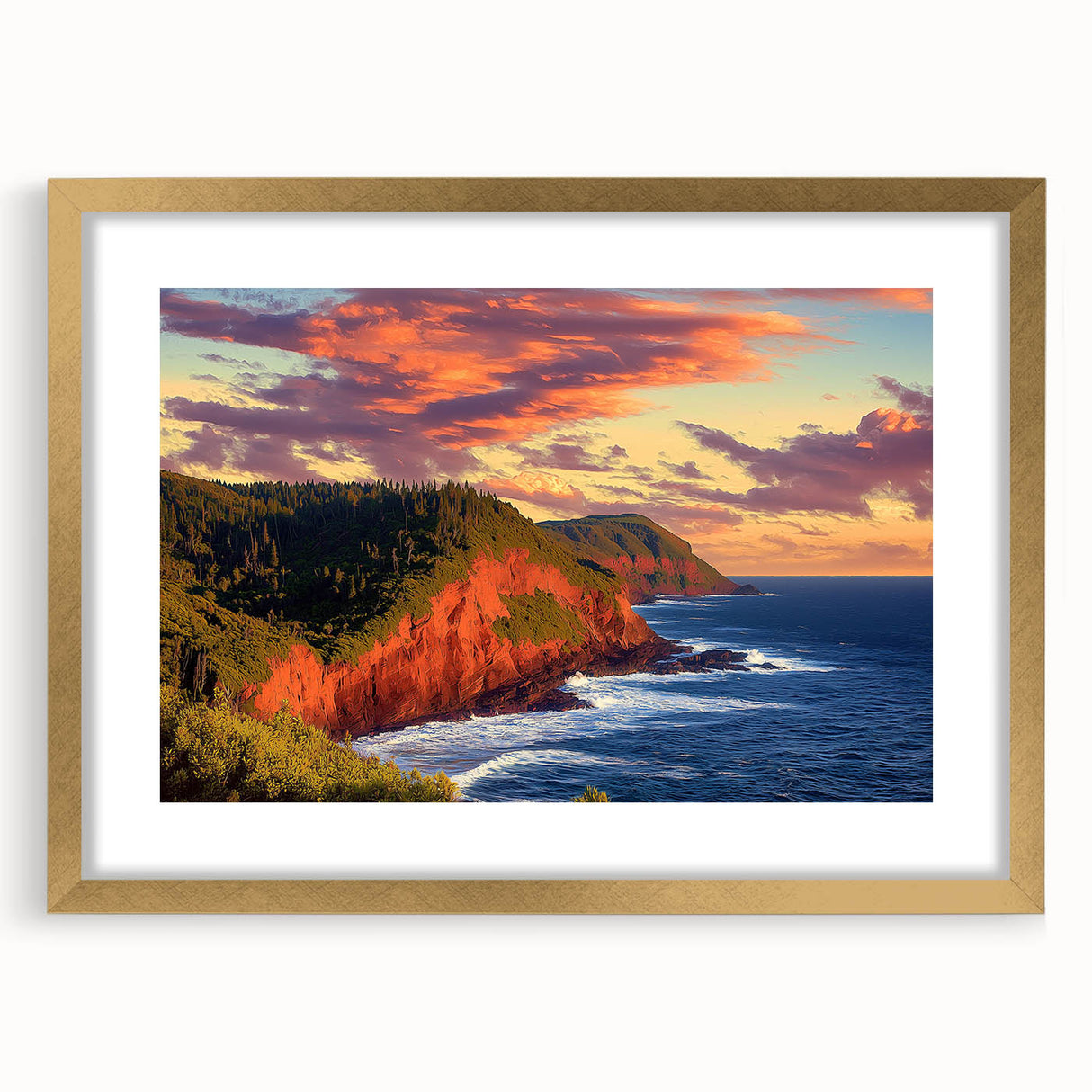 Framed landscape artwork depicting dramatic cliffs in rich gold tones, featuring a mat border, ideal for home decor and art enthusiasts. Perfect for enhancing interior aesthetics.